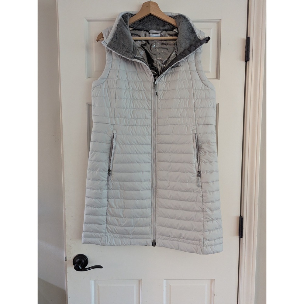 Columbia Long Puffer Quilted Vest Women's Size L Large Gray Full Zip Omni Heat